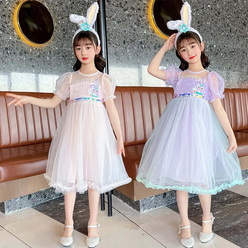 

Brand Factory New Style Girls' Dresses Short Sleeve Mesh Summer Children's Long Skirts Fashion Cartoon Rabbit Spring Autumn