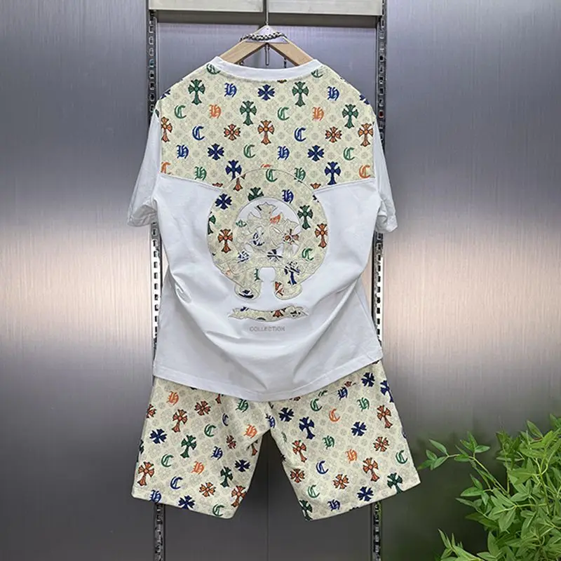 

2025Trendy brand casual short-sleeved shorts two-piece set embroidered round neck t-shirt thin set of men's clothing