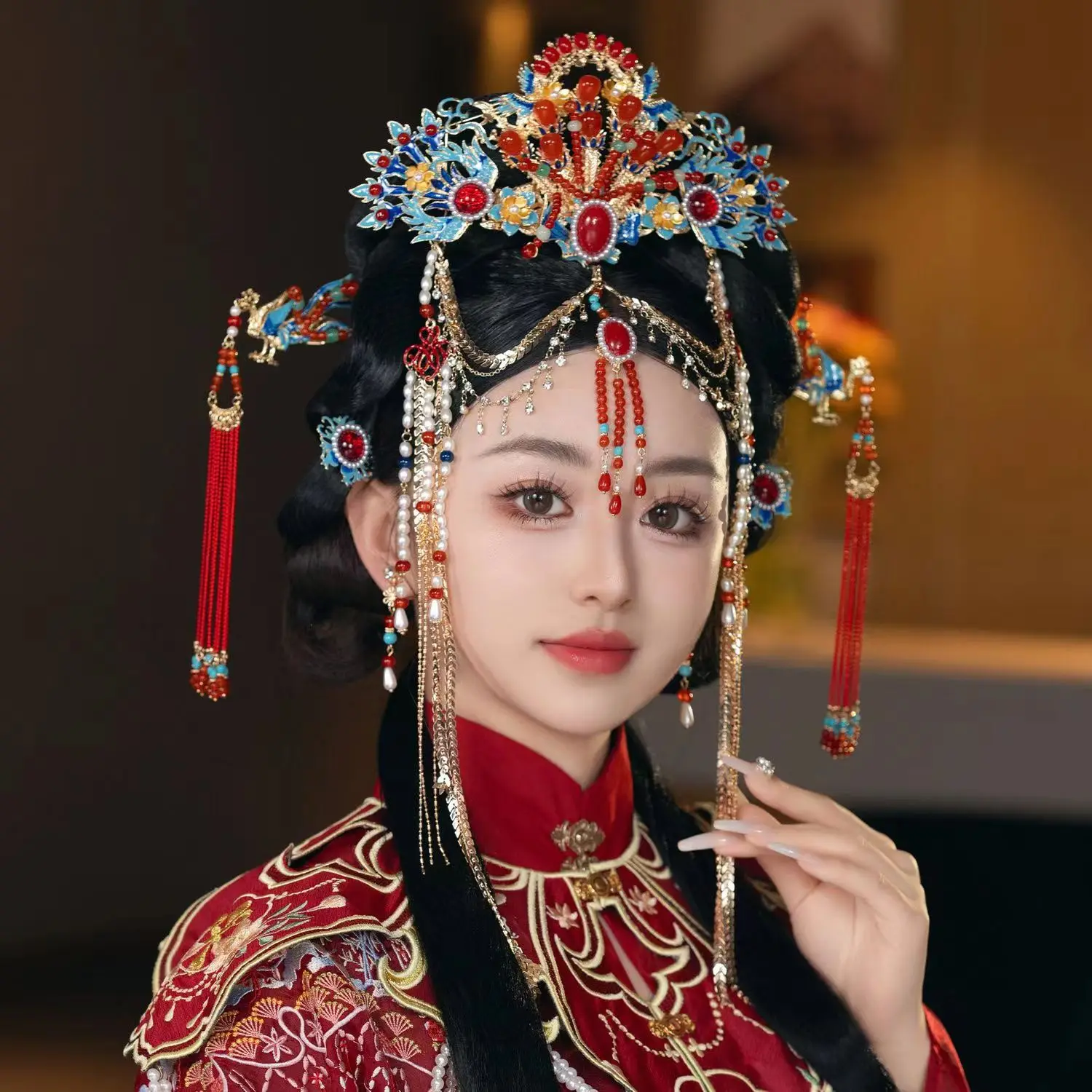 

Vintage Chinese Wedding Exotic Princess Novel Hair Accessories Hanfu Red Blue Luxurious Headpiece Accessories Set