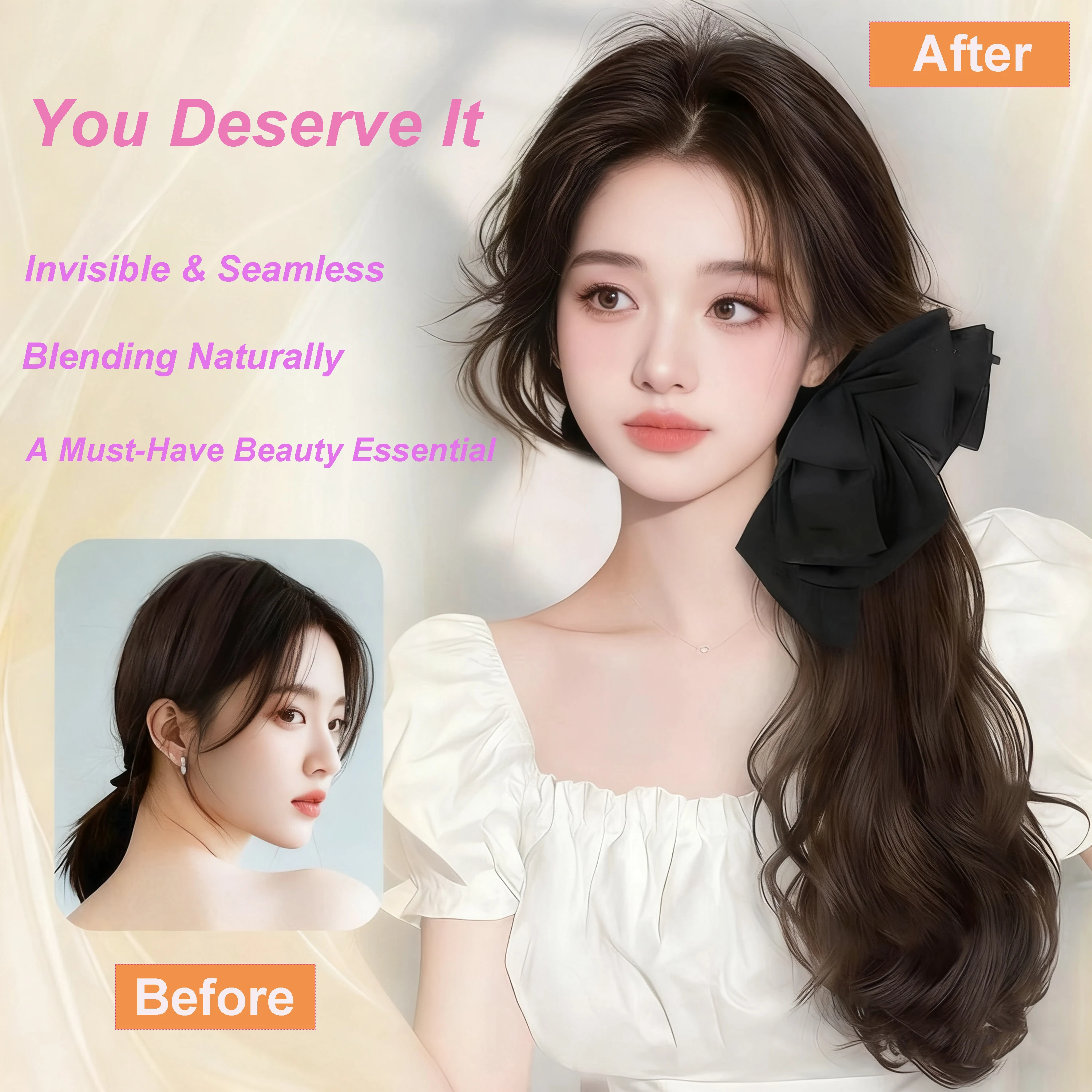 حزام على/مخلب كليب نمط 14/18/22 بوصة الاصطناعية طويلة متموجة مجعد ذيل حصان مع القوس الحلو شعر مستعار تمديد للتصفيف اليومي