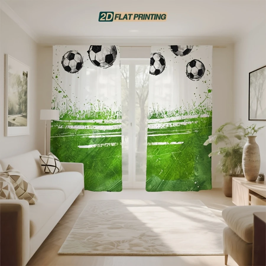 2PCS Digital Printed Sheer Curtain, Green Soccer Football Field, Sports Theme Boys Room Decor for Living Room Bedroom Home Decor
