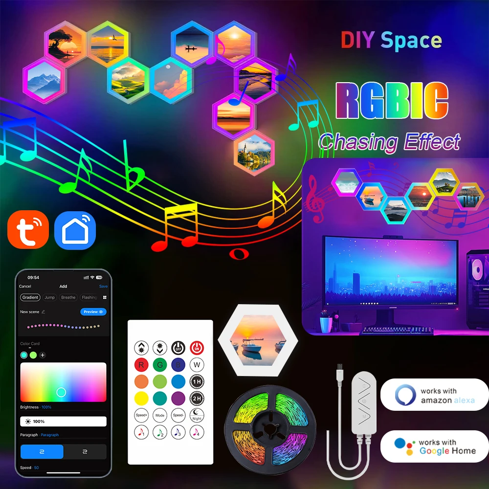 RGBIC Quantum Lamp LED Wall Background Light with Music Rhythm Night Lighting DIY Shape Splicing APP Control Atmosphere Lighting