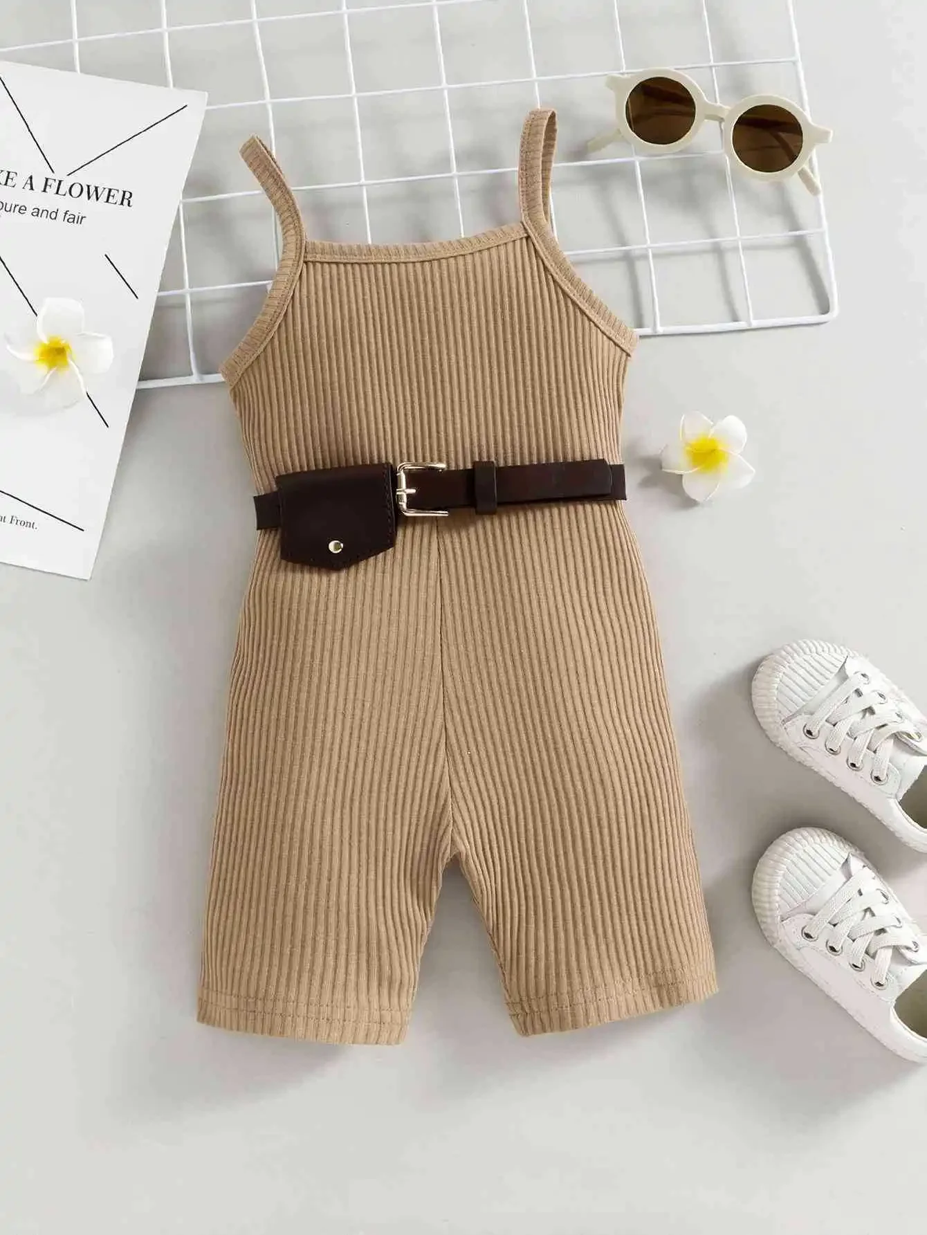 Summer Children Clothing Baby Cute Girls Casual Suspended Pure Cotton Breathable Trendy Jumpsuit Shorts + Waist Pack 2Pcs 2-7T