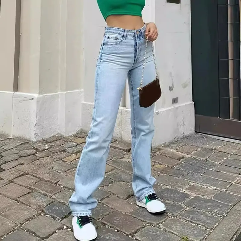 Kadınlar için çok satan yeni kadın açık mavi slim fit yüksek bel streç gündelik çok yönlü düz kot pantolon