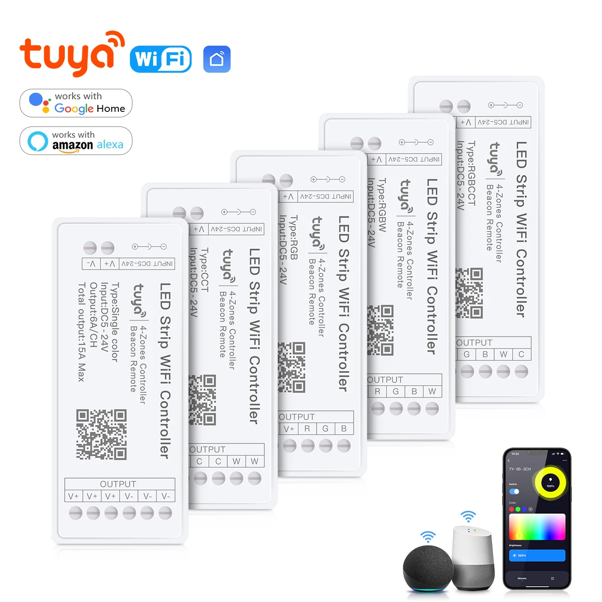 Tuya Smart Life WiFi RGB RGBW CCT LED Strip Light Controller DC12V-24V Voice Control Work with Alexa Google Home For LED Strip