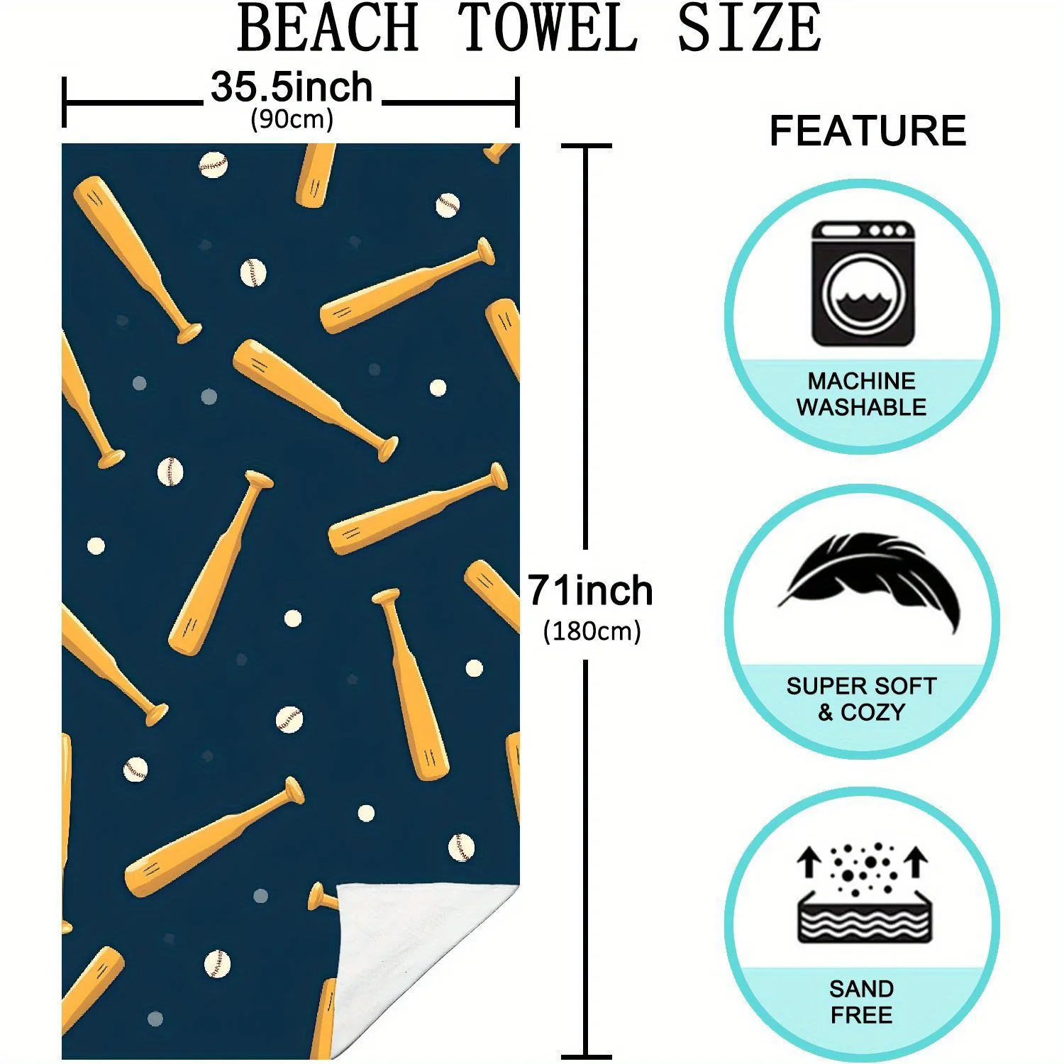 منشفة شاطئ كبيرة جدًا من الألياف الدقيقة - سريعة الجفاف وخفيفة الوزن وخالية من الرمال وناعمة وخالية من الرائحة مع تصميم غرزة البيسبول - مثالية لـ #4