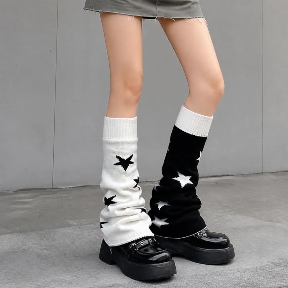Asymmetric Knit Leg Warmers Double-sided Lolita Style Slouch Boot Cuffs Stretch Knitted Slouchy Star Pattern Leg Covers