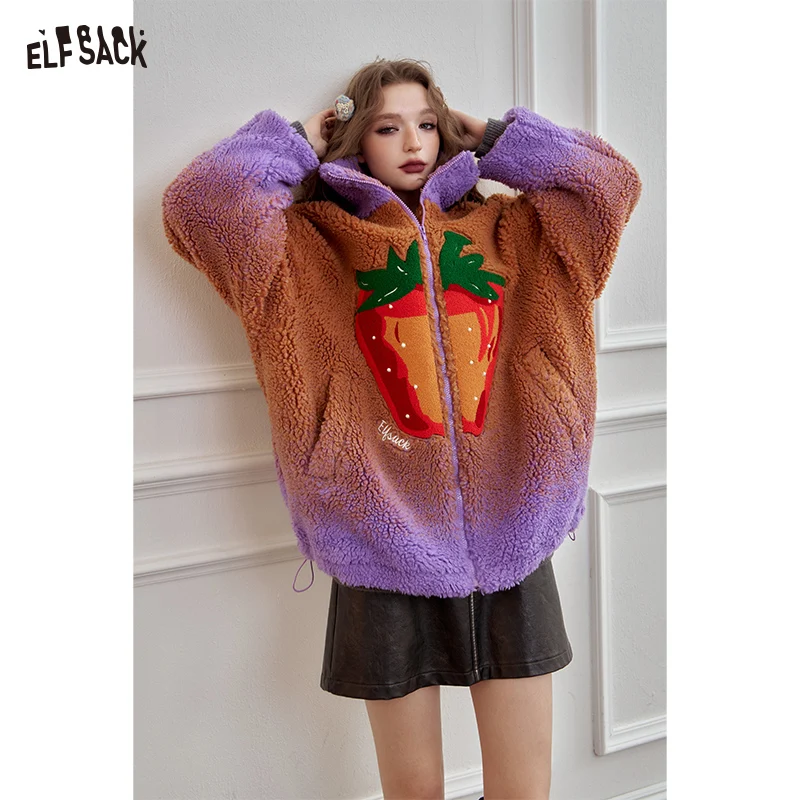 ELFSACK 2024 Autumn New Arrivals New Strawberry hand sewn pearl decoration gradient plush jacket for women