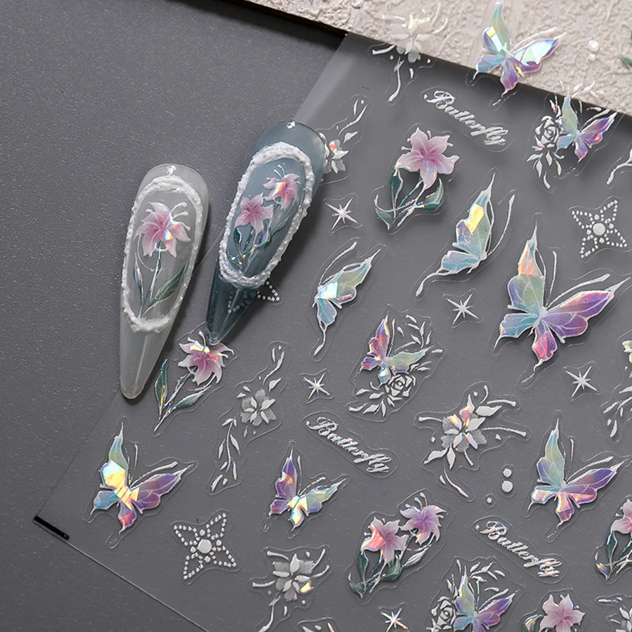 Ins Style Purple Shell Light Butterfly & Flower Nail Stickers 5D Nail Art Design Decoration decalcomanie Manicure fai da te