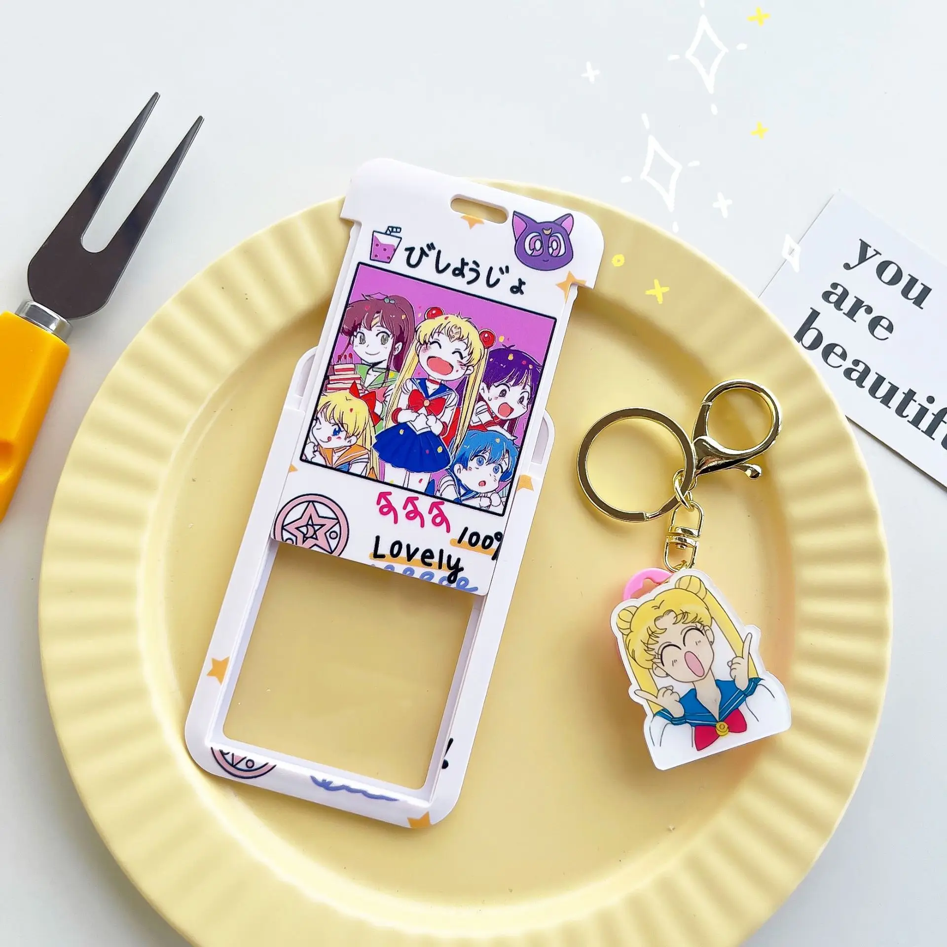 Cartoon Anime Sailor Moon PVC Card Cover Student Campus Hanging Neck Bag Card Holder Lanyard ID Card Holders Key Chain