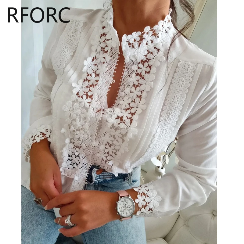 2023 Women Long Sleeves Lace Floral Hollow Button White Blouse Shirt Top