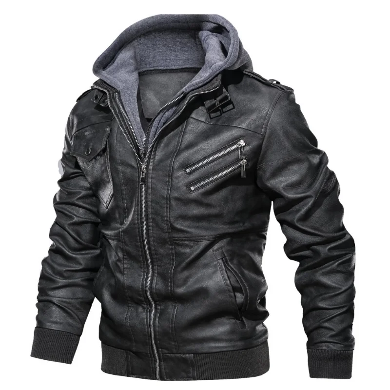 Male PU Hooded Collar Zipper Autumn Casual Slim Windbreaker Chaquetas Motorcycle Leather Jacket Men Winter Fleece Tactics Coat