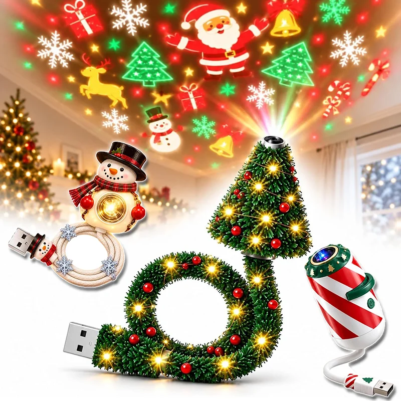 Christmas Night Light USB Projector Lamp with 6 Holiday Patterns Flexible Tree Design for Bedroom Ceiling Party Home Decor Gift