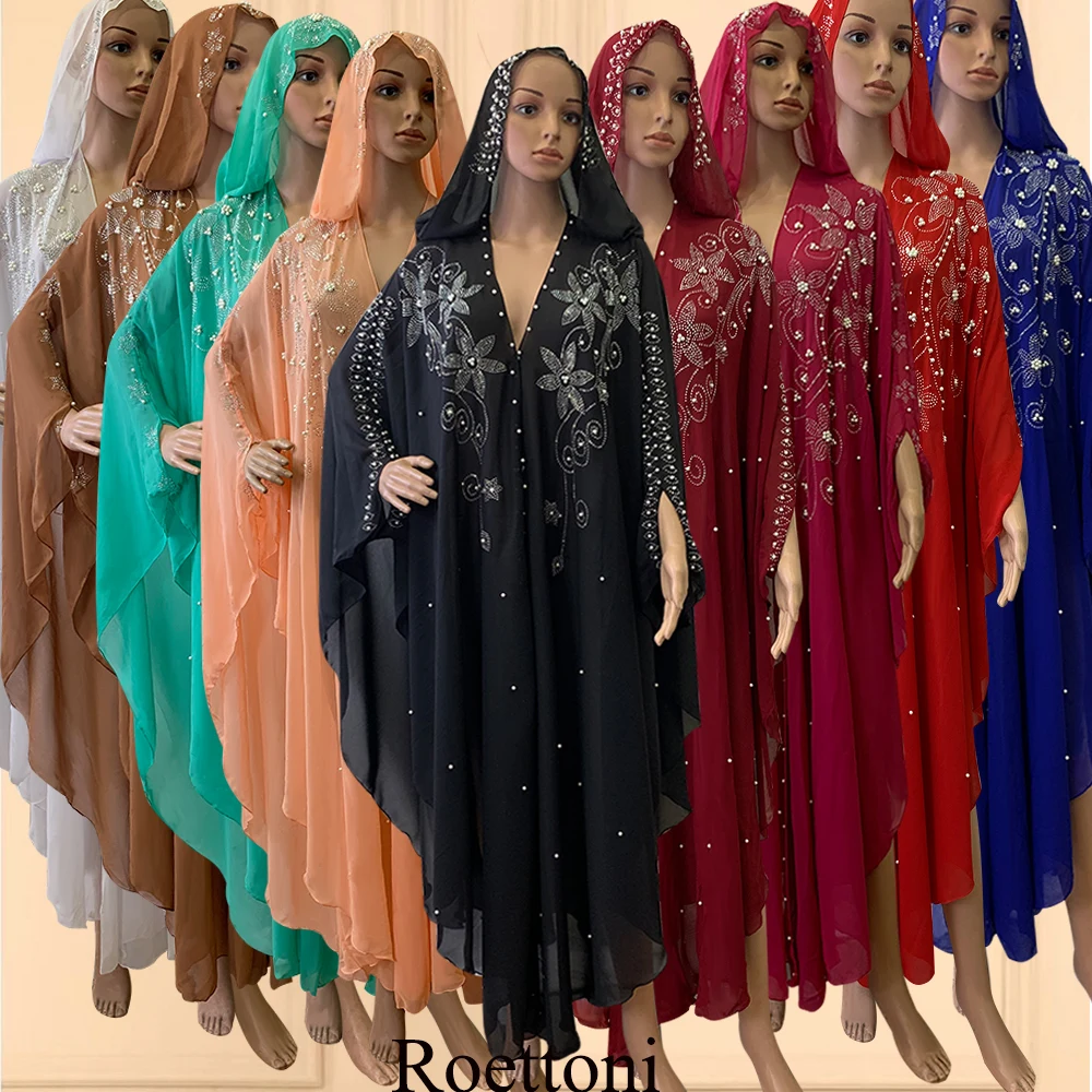 

Muslim Kaftan Abaya Dress Kimono Women Dubai Open Abaya Turkish Stone Chiffon Hooded Dress Elegant African OverSize Gorgeous Par