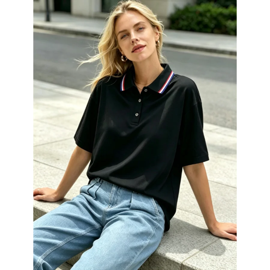 Women's Loose-fitting Striped Polo Shirt with An Old-money Style Harajuku Y2k Casual Breathable  POLO Summer Hip Hop