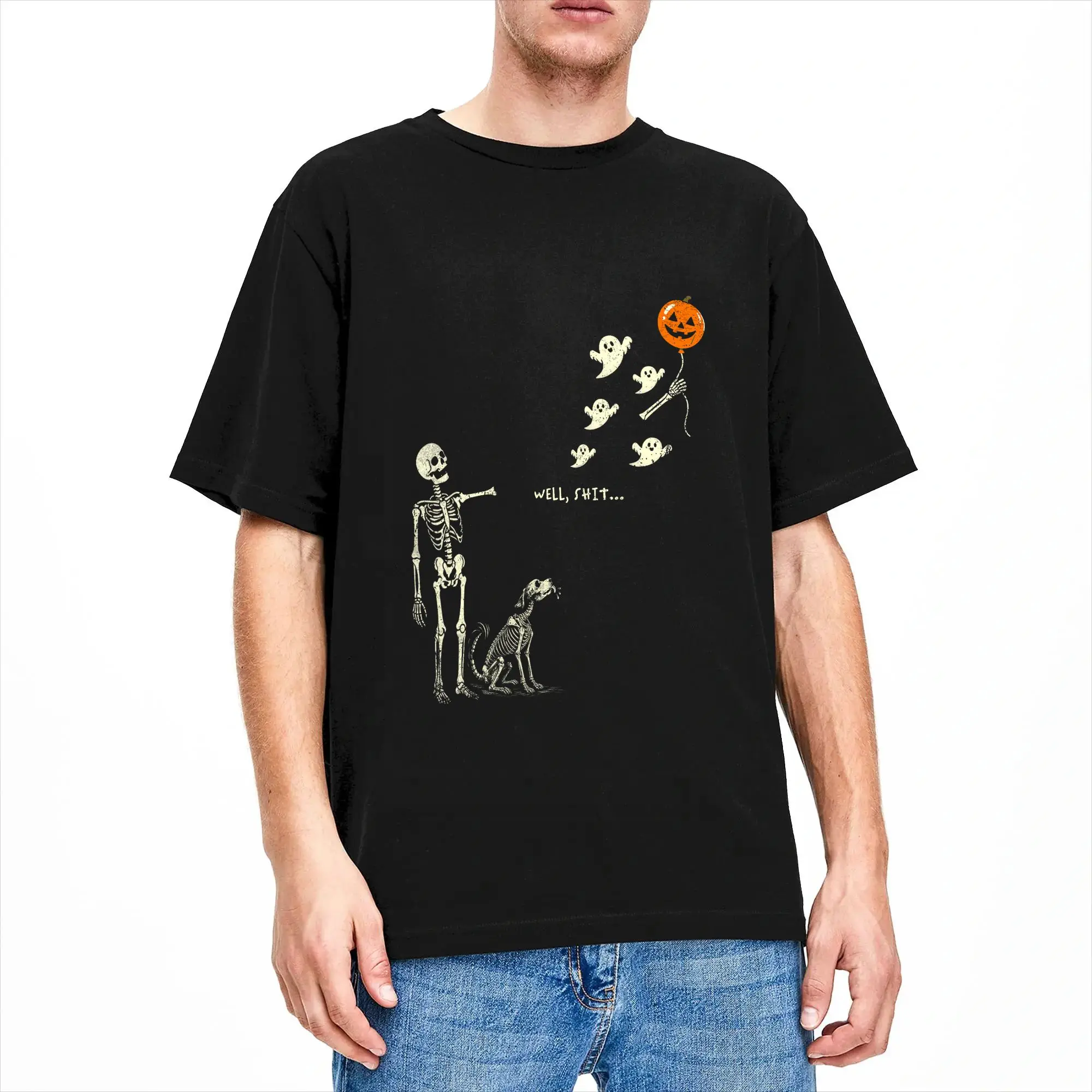 Men's T-Shirt Well Sht Skeleton Losing Pumpkin Balloon Funny Halloween Humorous 100% Cotton Tee Shirt Short Sleeve  T Shirt