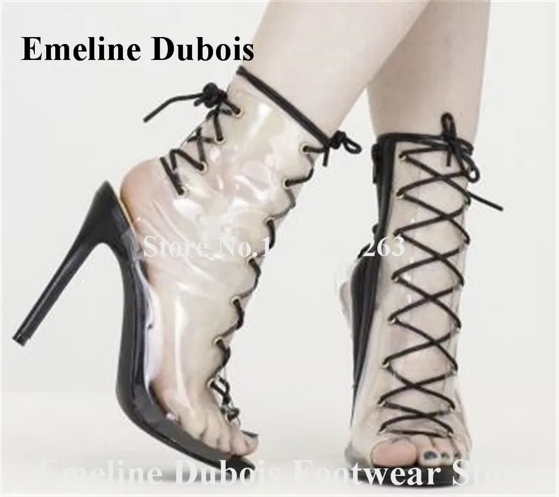 Sexy PVC Short Boots Emeline Dubois Peep Toe Clear Transparent Stiletto Heel Ankle Bootes Lace-up High Heel Dress Shoes