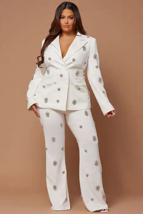 Conjunto de 2 piezas de cristal para mujer, chaqueta elegante con cuentas de solapa, pantalones acampanados, color blanco, talla grande, ideal para