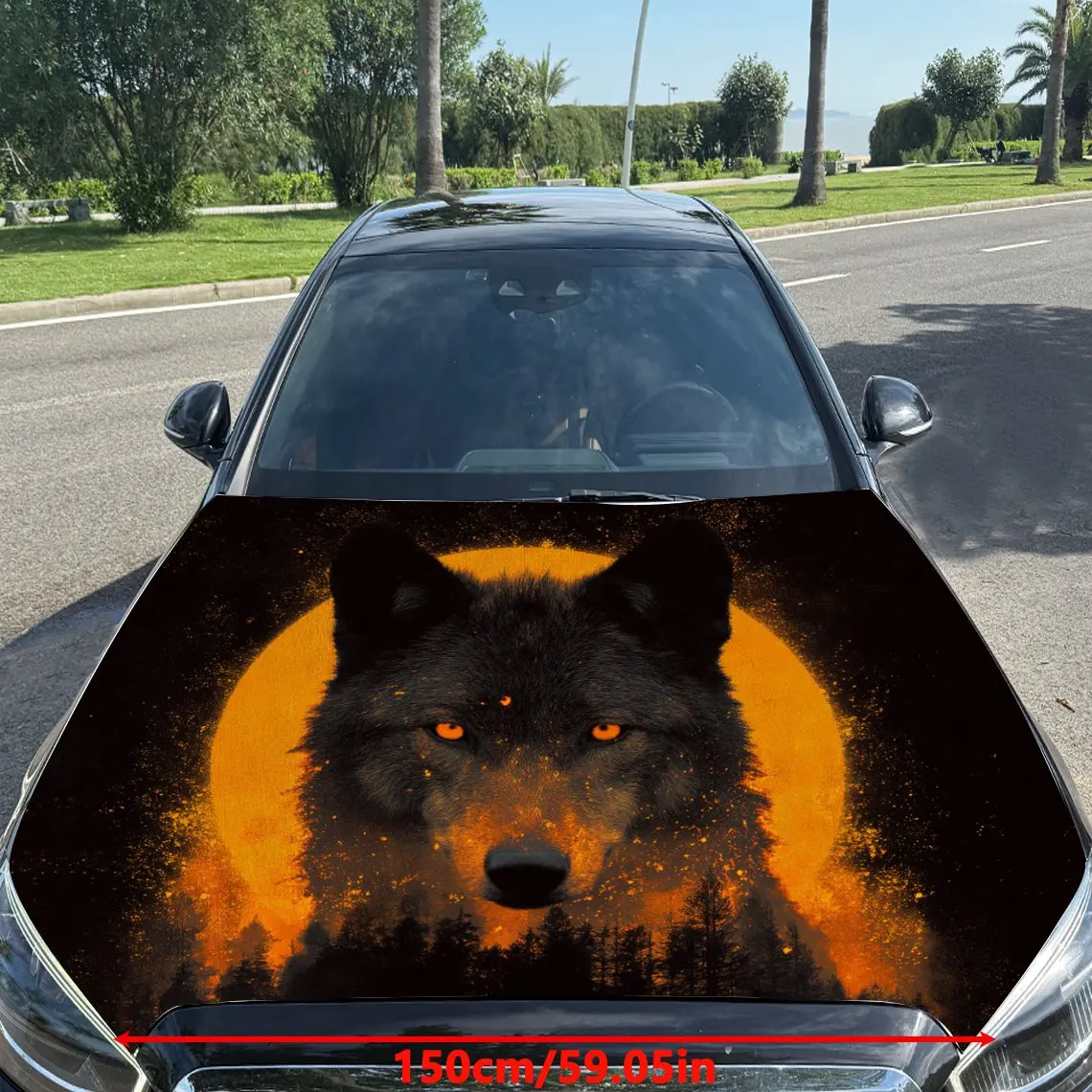Orange - Eyed Black Wolf Amid Moonlight Car Vinyl Wrap, PVC Material Waterproof Car Hood Sticker, Self-Adhesive Scratch-Resistan