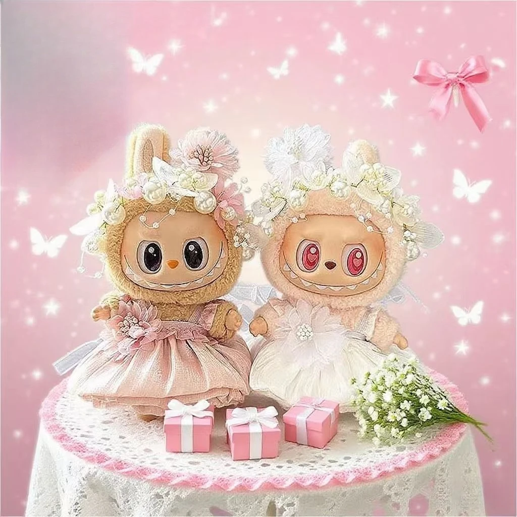 

Wedding Dress Pleated Suitable 17cm LABUBU clothes Flower Dress Dress Pearl Wreath Hair Accessory Set labubu Accessories