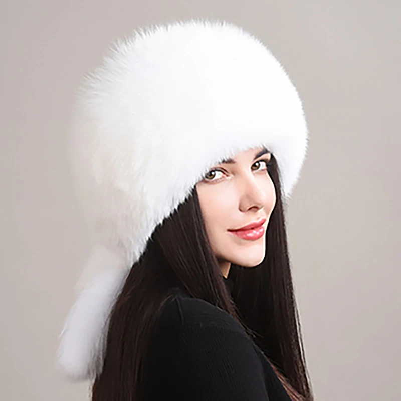 2024 Hot Sale Winter Women Fox Fur Hat Fluffy Soviet Female Outdoor Warm Cap Snow Fur Hats 5 tails Real Fox Fur Cold Bomber Hats