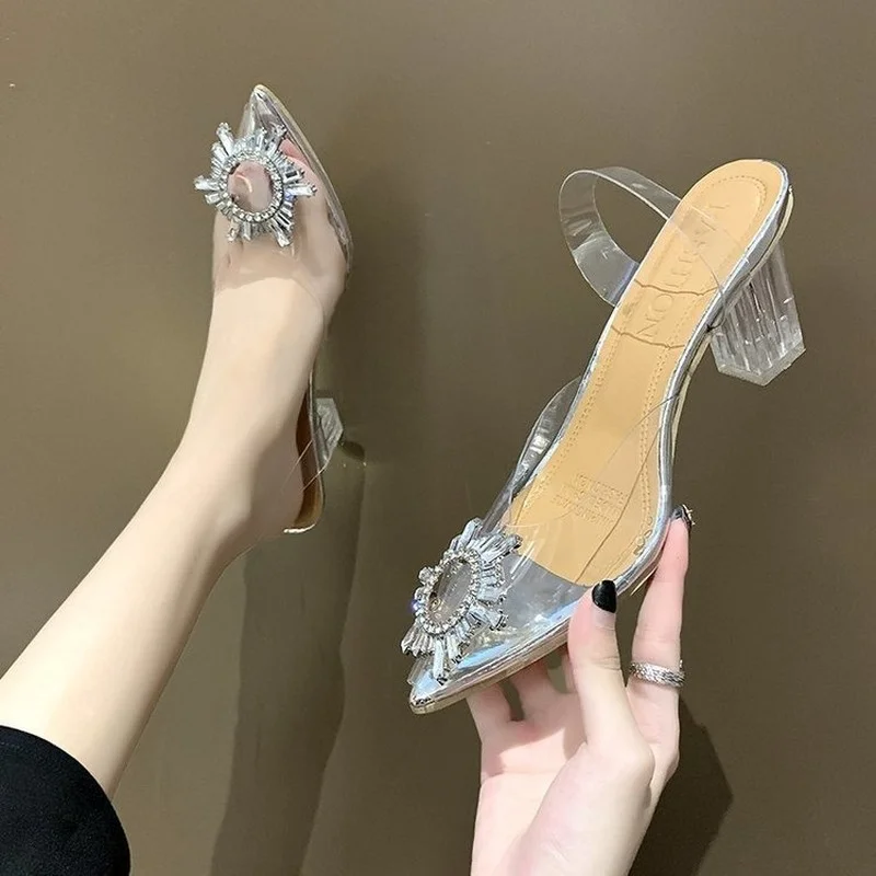 2022 Summer New Rhinestone Transparent Crystal Shoes Women Sandals Low Heel Pointed Toe Sandals Women's Shoes Plus Size 34-43