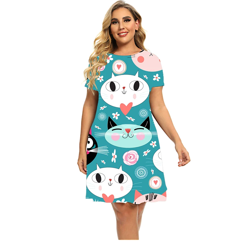 Funny Cat Painting Pattern Print Dresses Women Short Sleeve Round Neck A-Line Dress Summer Fashion Clothing Plus Size Dress 6XL