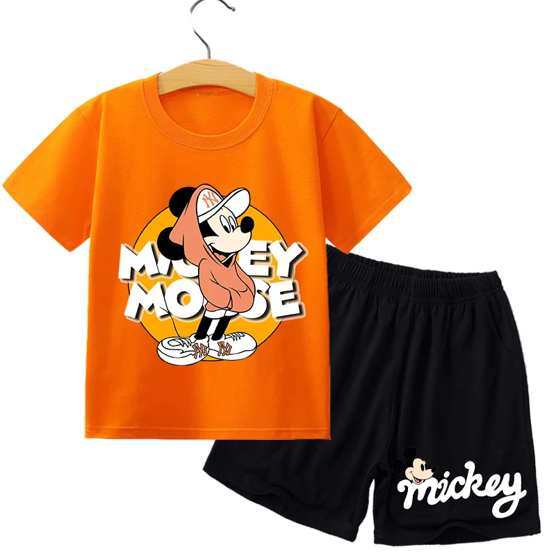 Disney Mickey Minnie Mouse Kids T-shirt Shorts Set Fashion Anime Tops Pants Suit Cute Print Boys Girls Clothes Short Sleeve Tees