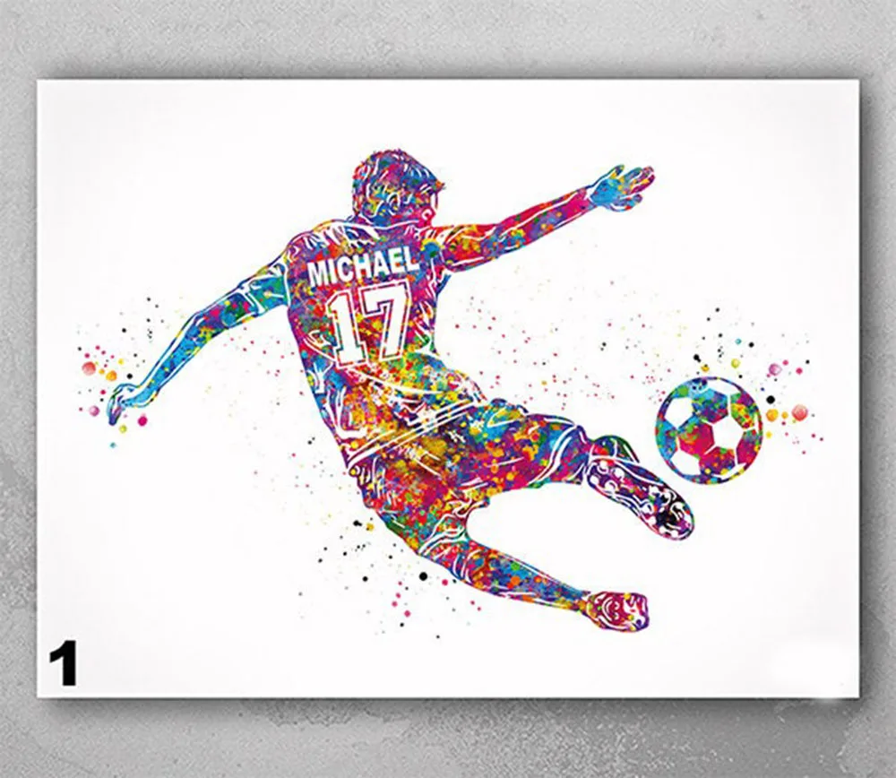 Customize Soccer Player Personelized Watercolor Print Male Football Gift Boy Wall Art Home Decor Picture For Kids Room