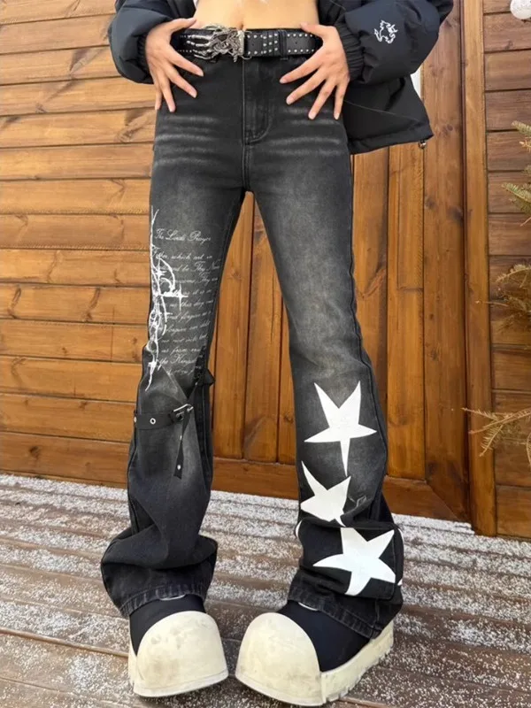 

High Waist Slim Fit Bell Bot Jeans Women's Autumn Winter Design Street Sle Spicy Girl Star Print Casual High Waist Jeans
