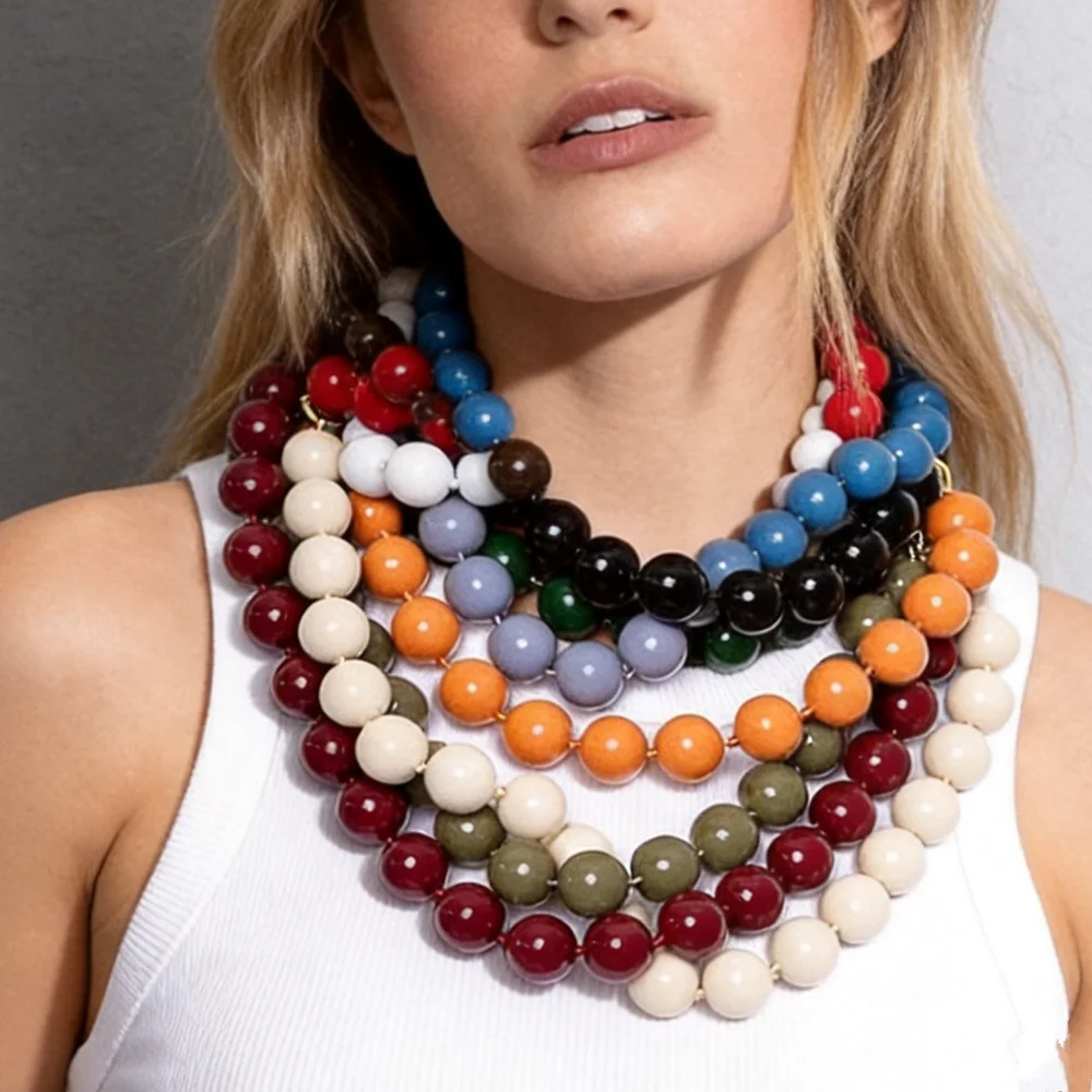 Fashion Colorful Large Round Acrylic Beaded Choker Necklace Boho Handmade Knot Rope Women Short Necklaces Statement Jewelry Gift