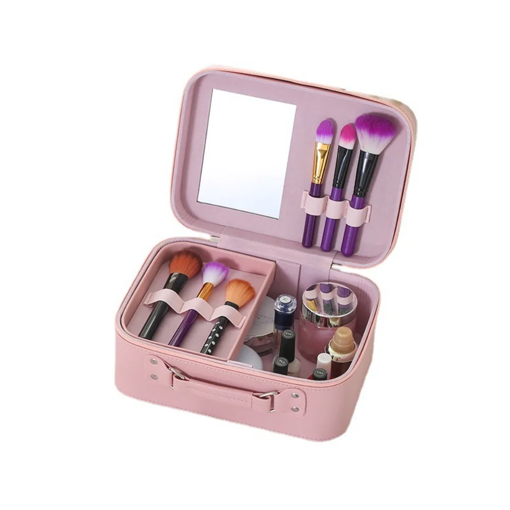 Makeup Case with Mirror Large Capacity PU Cosmetic Box Portable Storage Organizer Solid Color Cosmetic Pouch Toiletry Bag