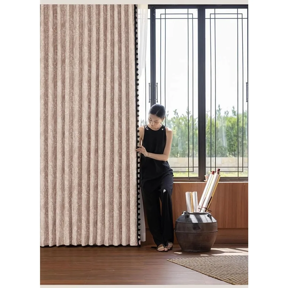 Rideaux boule jacquard en velours occultant avec chenille beige et bordure noire pour l'obscurcissement de la pièce, rideaux à œillets, grande taille