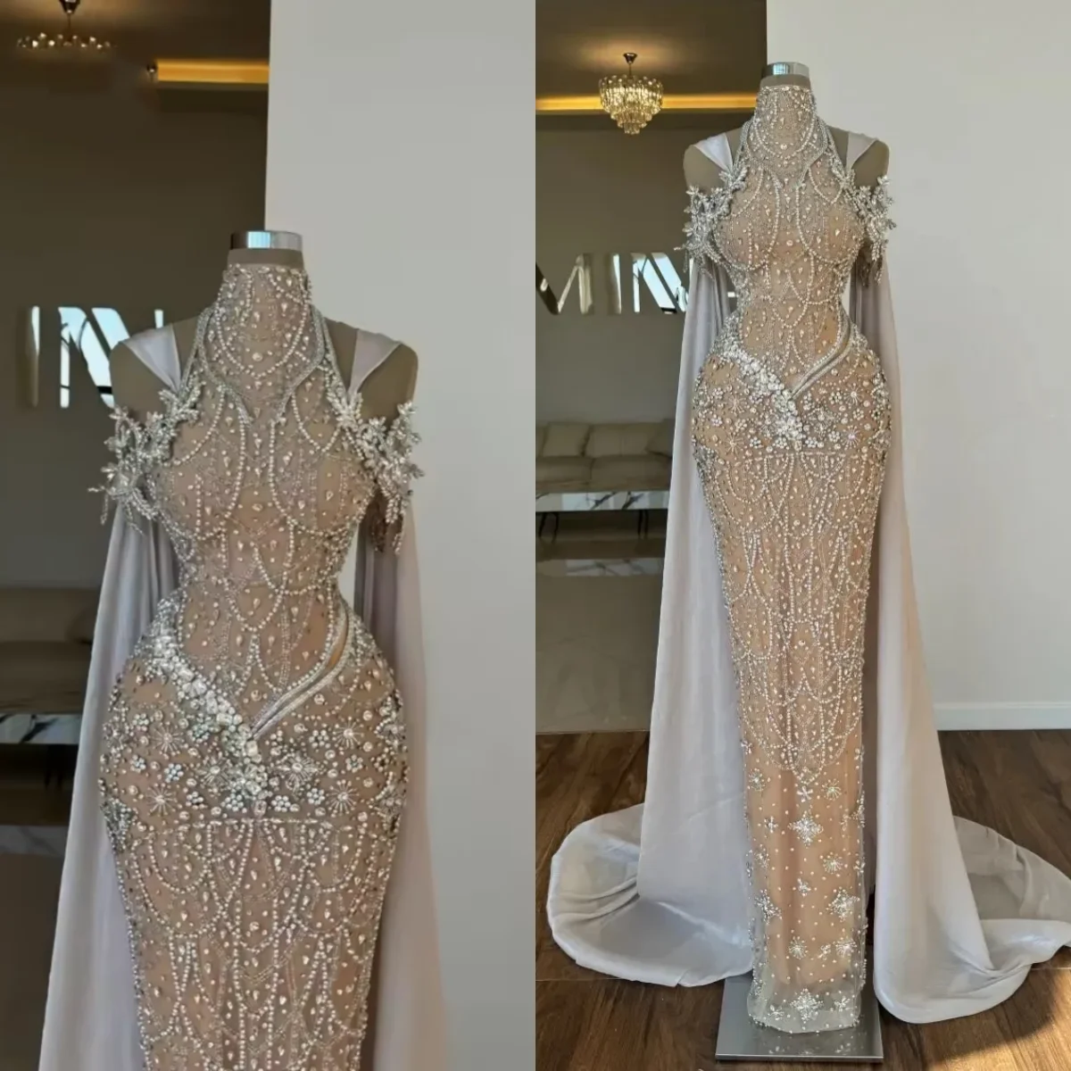 

Glitter Crystals Prom Gowns Sleeveless High Neck Mermaid Evening Dresses Floor Length Beaded Dinner Party Customized