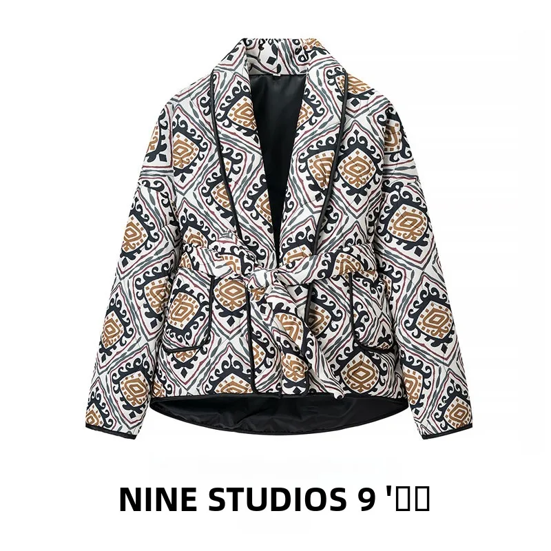 

Loose Casual Printed Cotton Jaet with Belt Women's Outerwear Spring Autumn Comfortable Breathable Straight Cut Sle