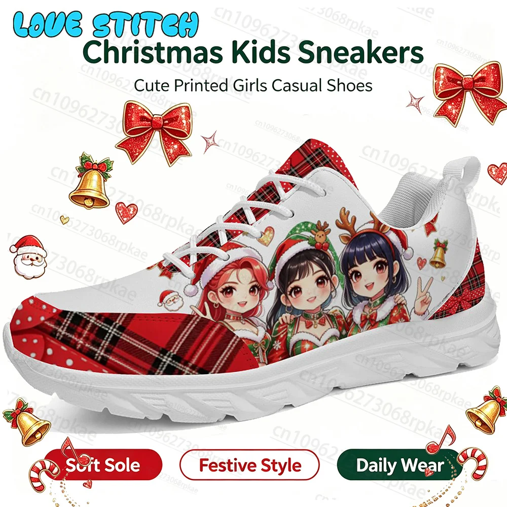 Christmas Anime Style Girls Graphic Sneakers Youth Student Festive Plaid Print Lightweight Casual Walk Shoes for Holiday Party