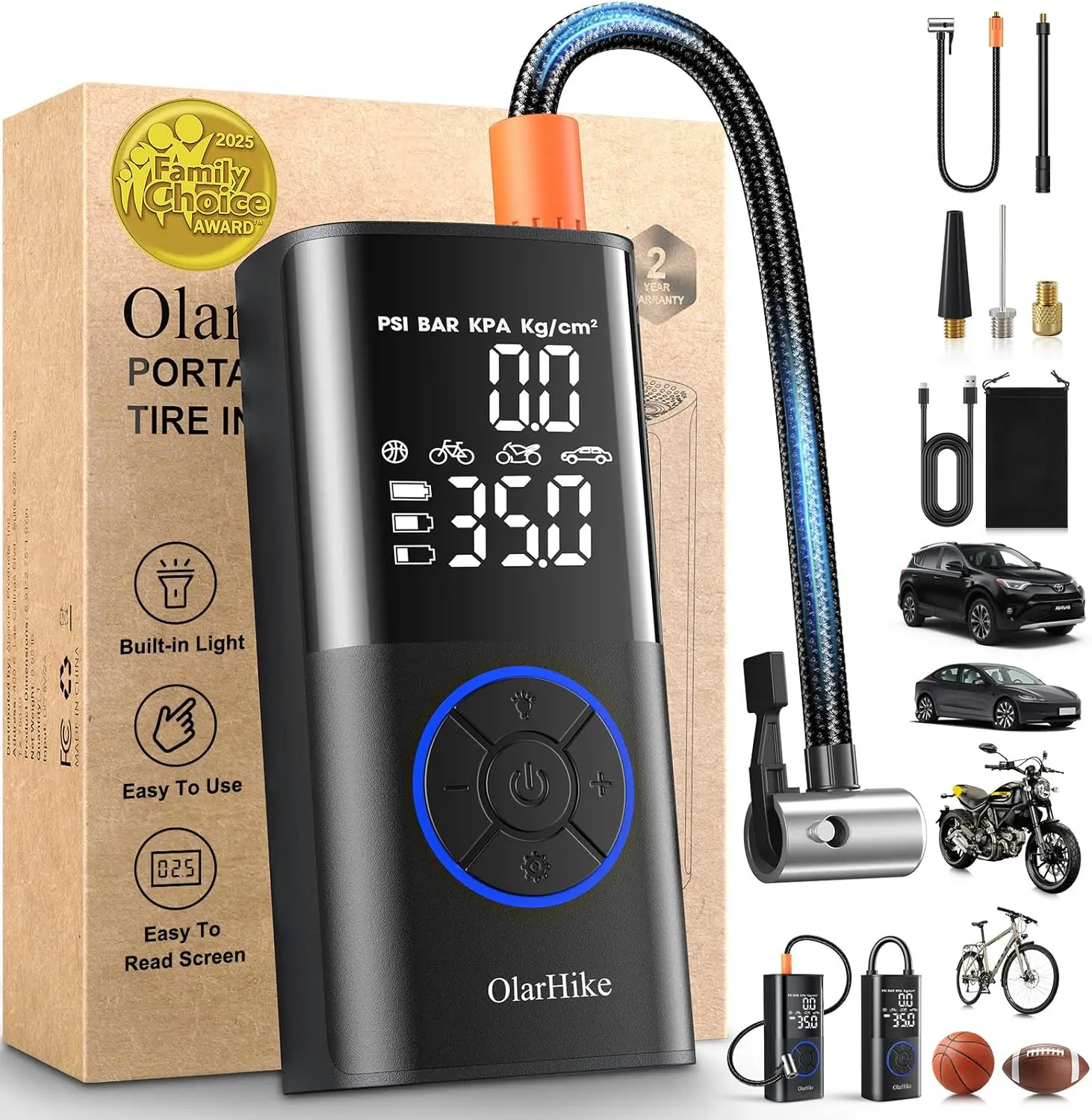 

Portable Tire Inflator, 160PSI Smart Air Pump with LED Light & Digital Gauge for Car, Bike, Motorcycle Tires