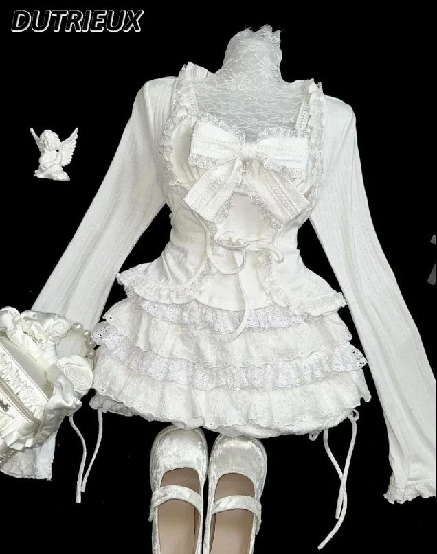 Japanese Gothic Style Sweet Bow Tube Top Suspender and Ruffle Lace Lace-up Cardigan + Cake Splicing Short Skirt 3-piece Set