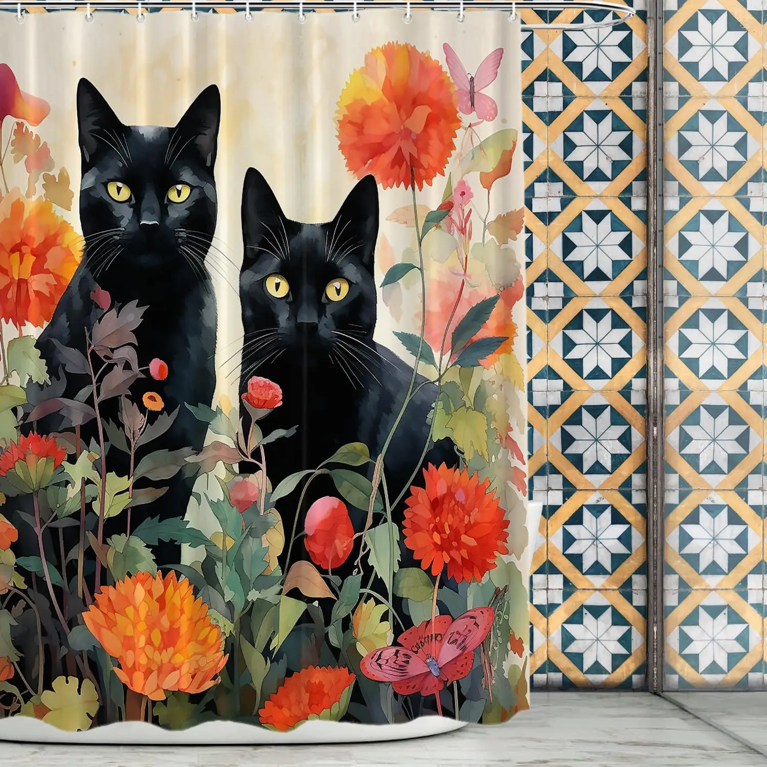 Black Cat Shower Curtain With Floral Garden And Butterflies Artistic Design Water Resistant Fabric Pet Lover Home Decor Trendy