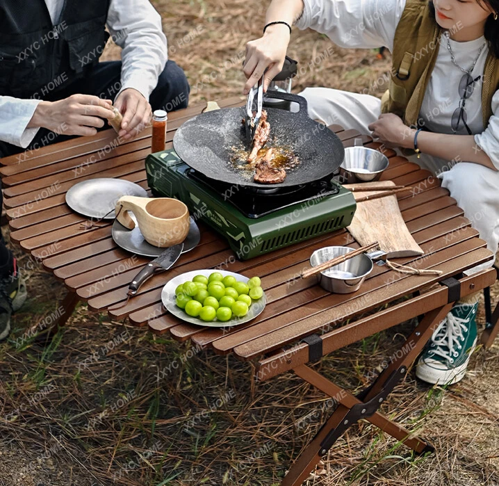 Solid wood egg roll outdoor camping folding table and chair camping portable picnic octagonal table and chair integrated