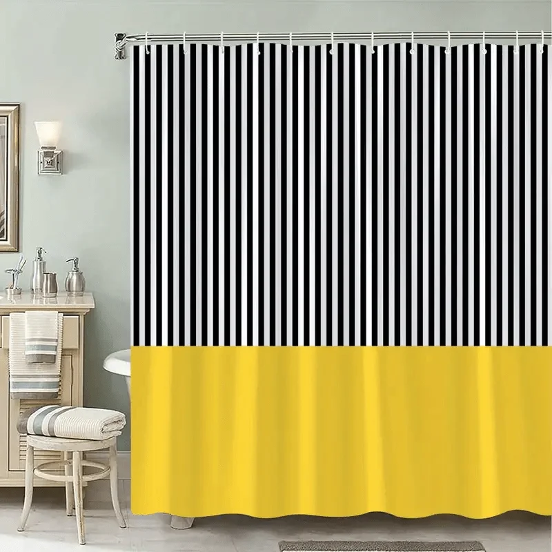 

Modern Striped Shower Curtain Black White and Yellow Waterproof Polyester Bathroom Decor Bath Curtain Set