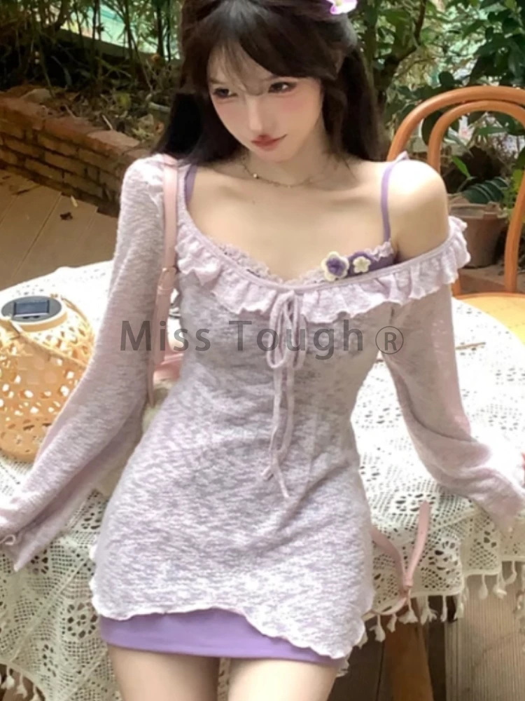 Purple Kawaii Lolita 2 Piece Set Women Lace Japanese Cute Sweet Dress Suit Female Korea Strap Dress + Long Sleeve Blouse 2024