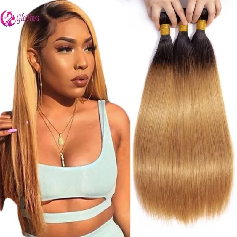 Straight Human Hair Bundles 12-26 Inch 100% Unprocessed Extensions Brazilian Virgin 1B/27Weave Hair For Women 100G/PC