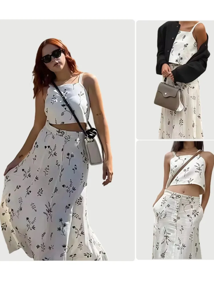 Elegante Zwei Stück Set Frauen Feste Dünne Spaghetti Strap Tops Und Schlanke Lange Maxi Röcke Weibliche Streetwear Passenden Anzug