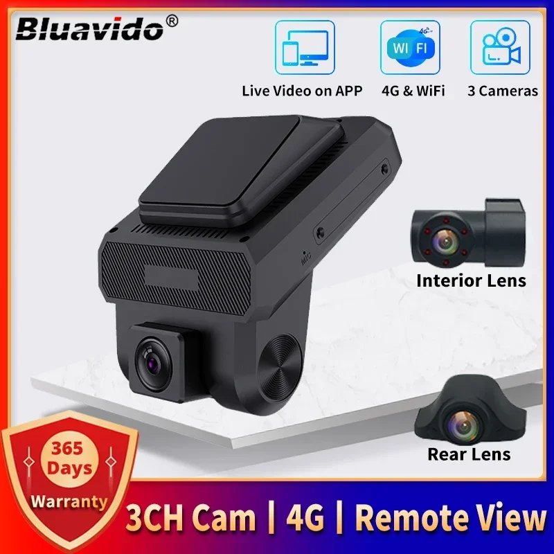 Bluavido 4G Dash Cam 3 Cameras Car Video Recorder Surveillance FHD 1080P Night Vision 24-hour Remote Monitoring DVR WiFi Hotspot