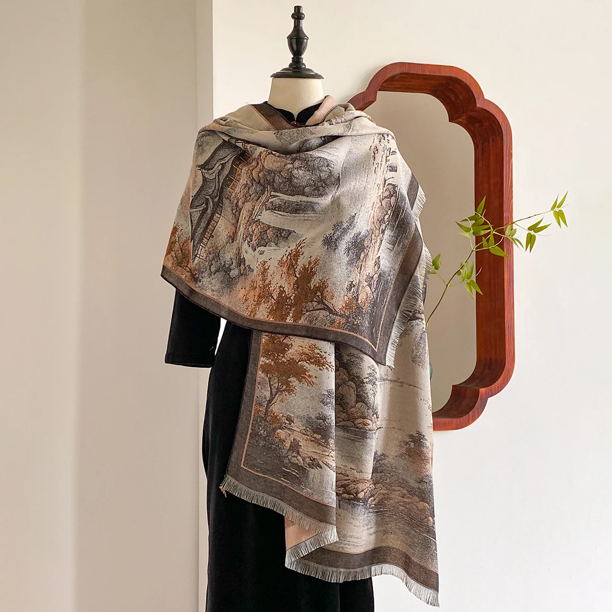 

Новый китайский стиль пейзажная живопись женский шарф мягкая теплая шаль из пашмины зимнее уличное холодостойкое ветрозащитное одеяло шарф 2025