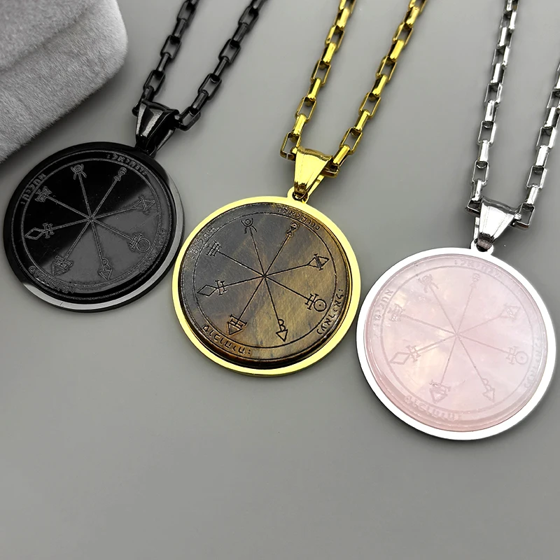 Talisman Of Protection Good Luck Wealth Seal Of Solomon Stainless Steel Statement Necklace for Women Men Natural Stones Jewelry