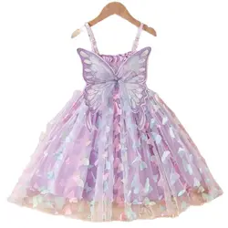 Vestido de mariposa púrpura para niñas, malla colorida, alas de tirantes, Princesa, 3-8T, verano, 2024