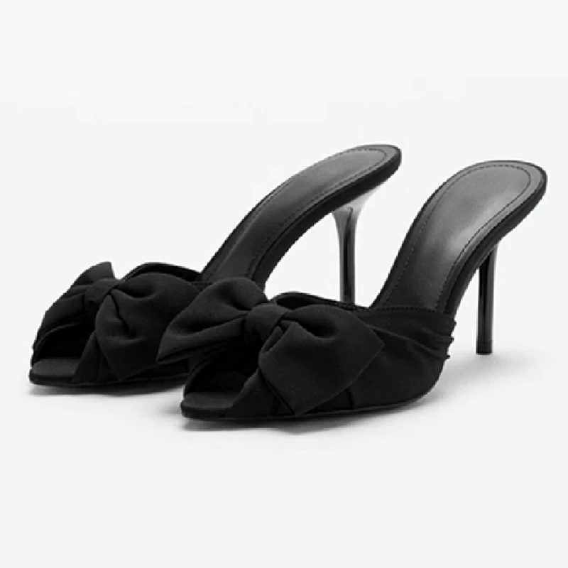 

Elegant Bow Decoration Black Heeled Slippers Women Novelty Peep Toe Pleated Slide Sandal Luxury Banquet Dress Shoe Zapatos Mujer