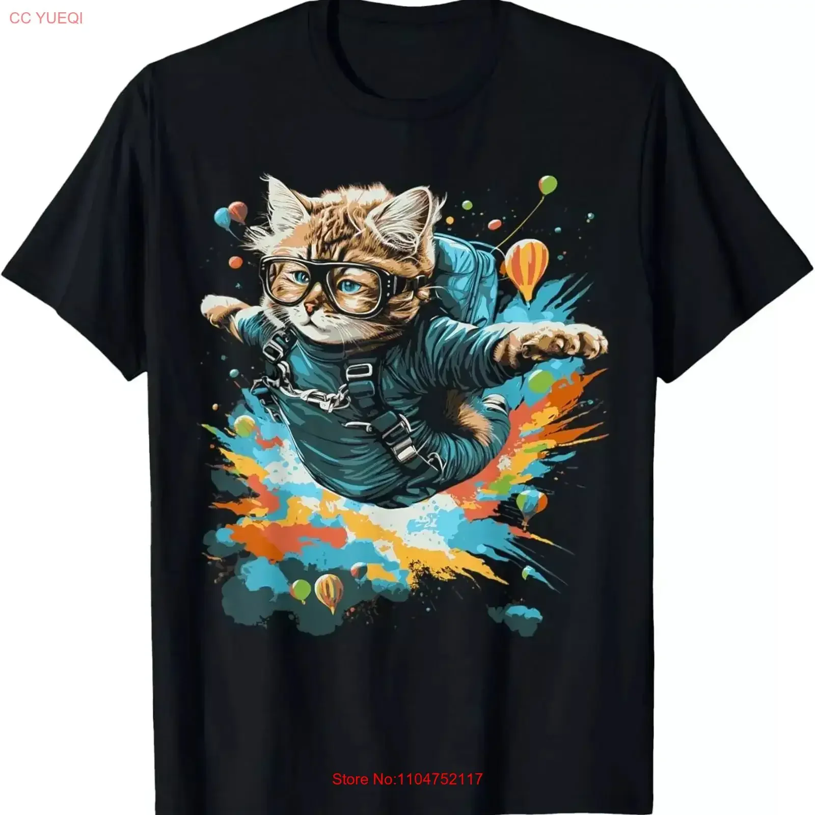 Cute Skydiving Kitten Funny Parachute Cat Lover T Shirt vintage Washed designer clothes Stretched streetwear fashion graphic